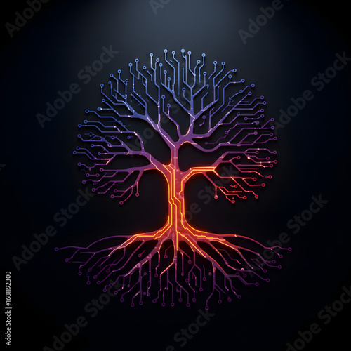Futuristic circuit board tree with glowing gradient branches and roots
