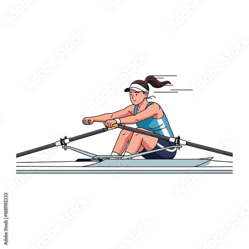 Rowing towards Victory: A dynamic line art illustration captures a female athlete immersed in the intensity of competitive rowing, her determined spirit and strength embodied in every stroke.