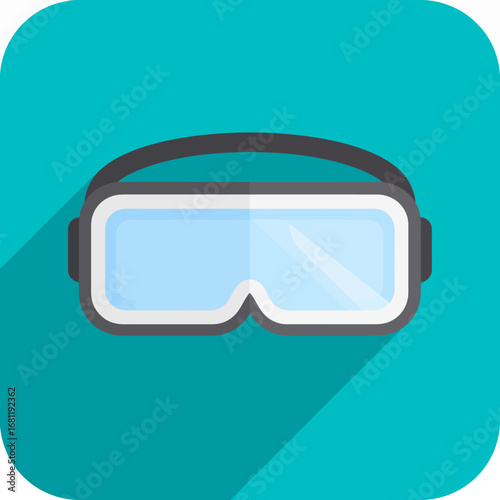 Flat design illustration of a pair of blue-tinted goggles with a dark strap on a teal background, featuring a long shadow.