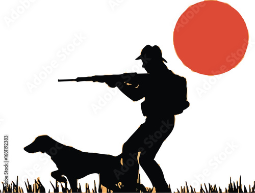 Silhouette of Hunter with Rifle and Dog at Sunset – Outdoor Hunting Scene