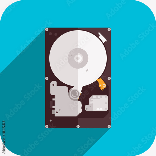 Flat design illustration of an open hard disk drive with internal components and long shadow on a blue background, representing data storage technology.