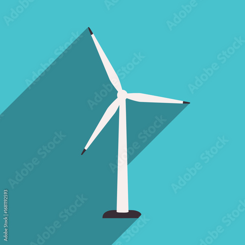 A flat design illustration of a white wind turbine with three blades on a teal background, casting a long shadow.