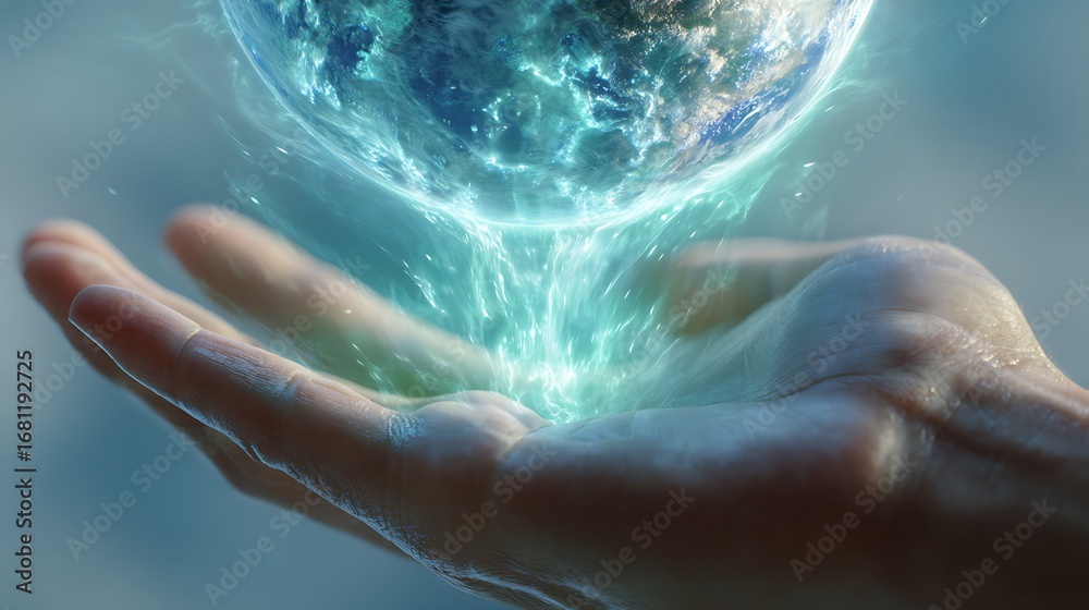 Fototapeta premium A hand holding a glowing earth with blue energy emanating from it in a soft light environment