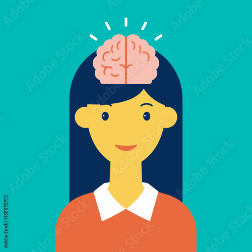 Illustration of a woman with a brain above her head, symbolizing intelligence and ideas.