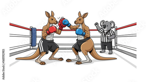 Kangaroo Boxing Match: Two boxing kangaroos compete in a sports arena. A koala serves as referee, observing the action as the kangaroo throw punches, a blend of wildlife and sporting contest.