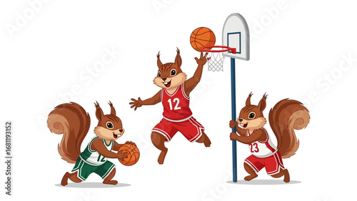 Squirrel Basketball Showdown: Animated squirrels engage in an intense basketball game, showcasing agility and teamwork, and an embodiment of competition and athleticism.