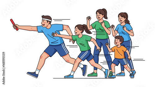 Relay Race of Family: A lively illustration depicts a family relay race, symbolizing teamwork and shared goals, perfect for conveying themes of health and togetherness.