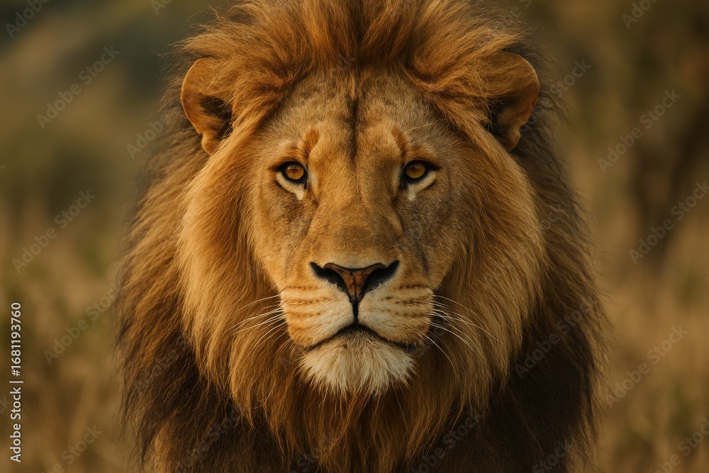 Obraz premium Majestic African lion portrait with golden mane and powerful expression in wildlife photography