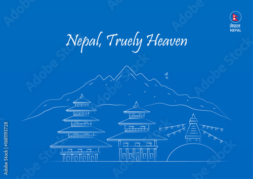 Minimal Line Vector Illustration of Nepalese Temples and Stupas