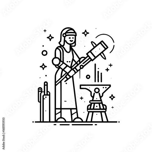 Blacksmith woman forging metal work with hammer and anvil line art vector illustration design concept