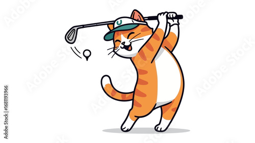 Cat Golfer: A cartoon illustration of a cheerful, orange and white cat enthusiastically swinging a golf club, with the golf ball in motion, representing the joy of leisure.