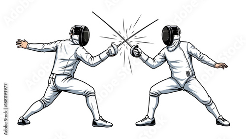 Competitive Fencing Match: A dynamic illustration captures two fencers engaged in an intense duel, their swords clashing in a thrilling display of skill and precision.