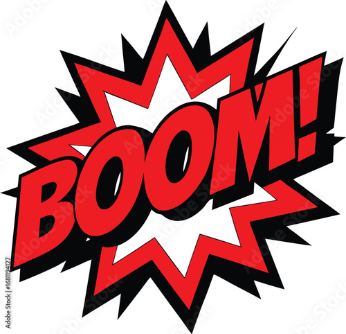 Explosive red comic book style word boom with a starburst effect and black outline on a white background