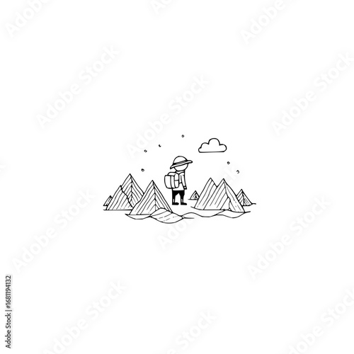 Minimalist mountain hike illustration with backpacker and cloud vector graphic design for adventure lovers