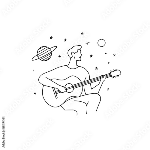 Man playing acoustic guitar in space with planets and stars line art vector illustration design concept