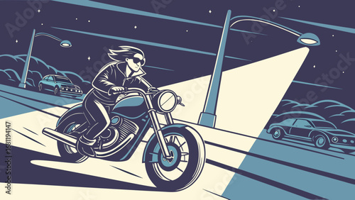 Motorcyclist with sunglasses speeding on illuminated night highway.