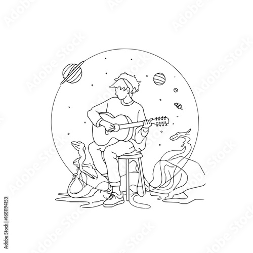 Illustration of musician playing guitar with dragons and planets in black and white line drawing