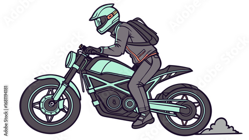Urban motorcyclist on futuristic electric motorcycle.