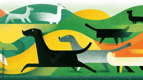 Stylized Dogs Running Through Green and Yellow Hills Illustration Graphic Design Art Colorful Animals Pets Outdoors