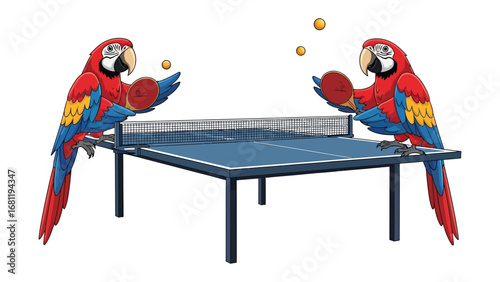 Parrot Ping-Pong: Two vibrant parrots engage in a spirited game of ping-pong, showcasing their playful personality and agility. A whimsical scene of parrots in action.
