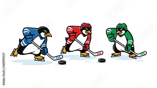 Hockey Penguins Showdown: A vibrant illustration showcases three penguins engaged in a thrilling hockey match, capturing the dynamic action and spirited competition in a playful manner.