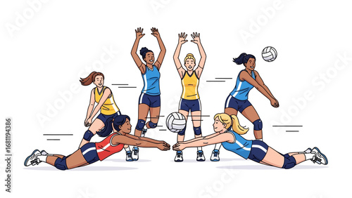 Volleyball Play: Dynamic illustration of a female volleyball team in action, showcasing a powerful smash.  Vibrant colors accentuate the energy, teamwork, and competitive spirit of the sport.