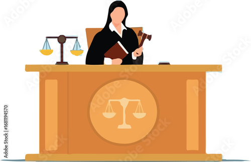 Female Judge Holding Gavel Behind Judicial Desk with Scales of Justice