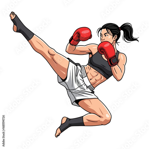 Energetic Fighter Executes High Kick: A dynamic illustration showcases a female martial artist, in a moment of agile strength and intense focus, as she launches a powerful kick.