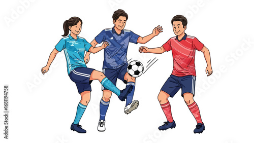 Football in Action: A dynamic illustration captures the thrill of a soccer match with three players, each engaged in the heat of the game as they compete for control of the ball.
