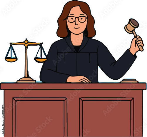 Female Judge with Gavel and Scales of Justice in Courtroom
