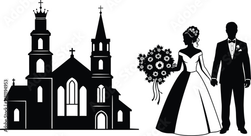 Wedding church silhouette vector marriage ceremony illustration