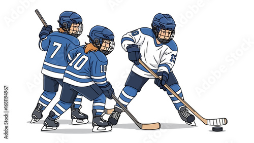 Hockey game illustration: Three determined hockey players in their jerseys and helmets skillfully maneuver on the ice, demonstrating athletic prowess in the heat of the game.