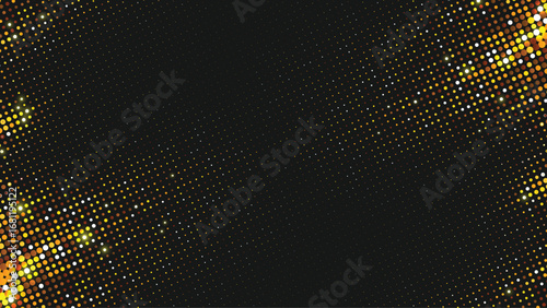 Vector halftone gold glowing dots gradient diagonal tilt on black. Abstract dotted pattern with tonal gradation.