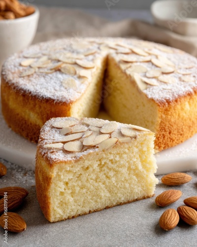 Almond cake slice close up studio shot with powdered sugar and nuts delicious dessert bakery food