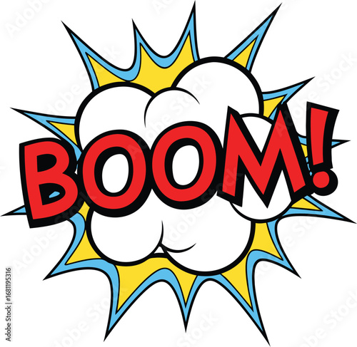 Explosive comic book style boom word with starburst and cloud effect representing impact and sound