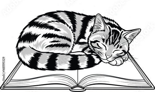 Sleeping Cat: A cute cat with stripes curled up and sleeping peacefully on an open book, with stars floating around.