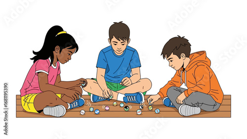 Childhood Play: Capturing the innocence of youth, a group of children is engrossed in a marble game on a wooden floor, highlighting the joy of simple pleasures and shared fun.