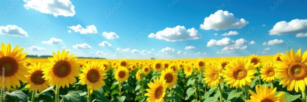 Fototapeta premium Vast sunflower field under a vibrant blue sky dotted with fluffy white clouds , yellow, scenic