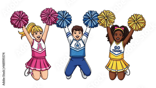 Joyful Cheerleaders in Action: A dynamic illustration depicts three youthful cheerleaders in vibrant uniforms, leaping with energy and flair.