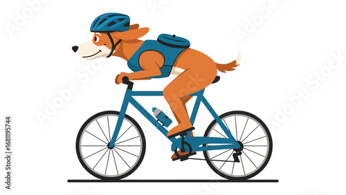 Dog Biking Adventure: An illustration of a dog, wearing a helmet and backpack, riding a bicycle, ready for a fun cycling trip.