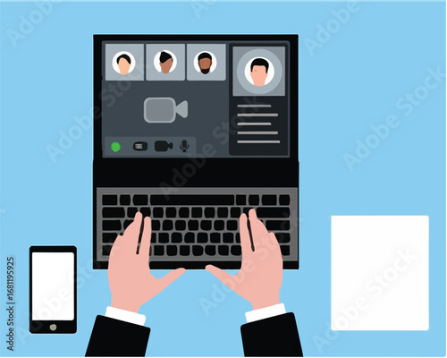 Remote Video Conference Meeting on Laptop with Multiple Participants