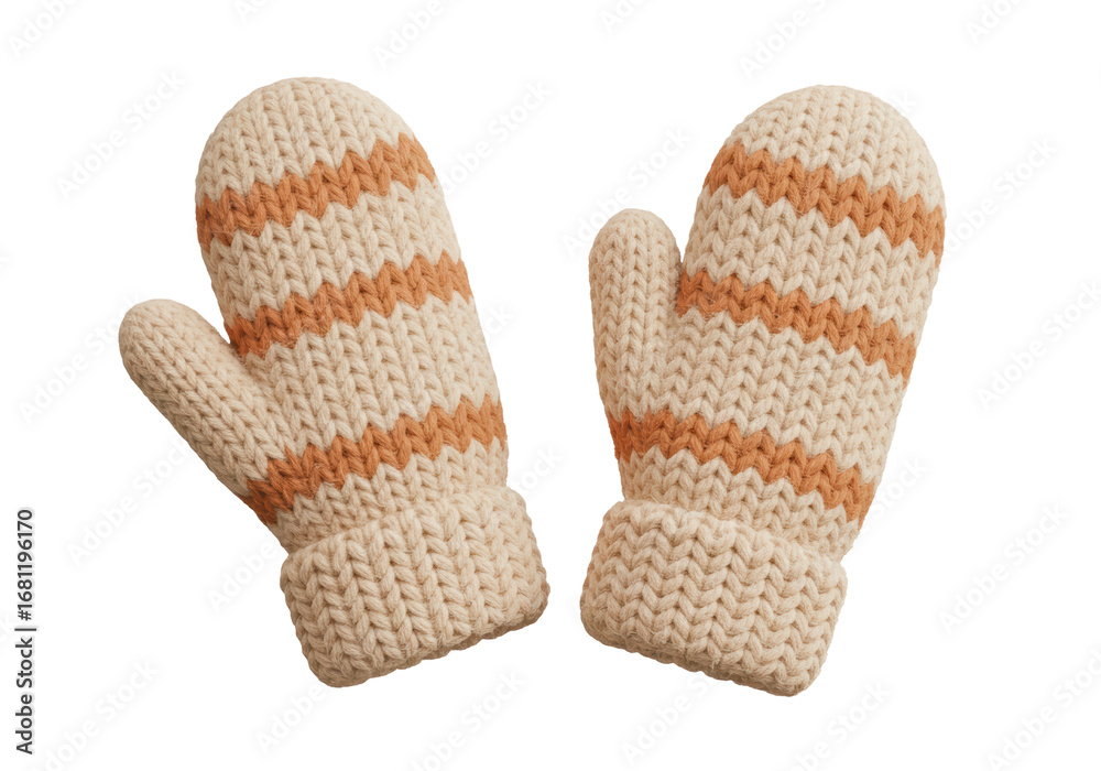 Isolated knitted winter mittens with stripes in a pair, a handmade cozy warm clothing item Isolated knitted winter mittens with stripes in a pair, a handmade cozy warm clothing item
