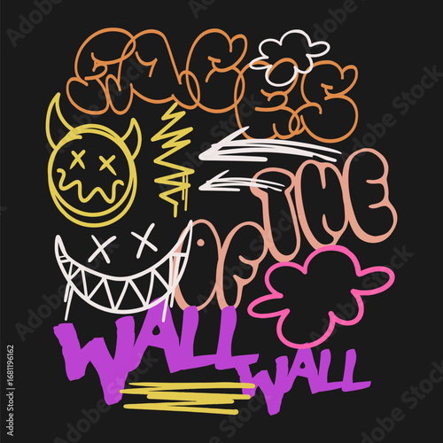 Graffiti urban graphic t-shirt print, Street art scribble vector design, Spray paint street style, Trendy abstract hand-drawn doodle streetwear