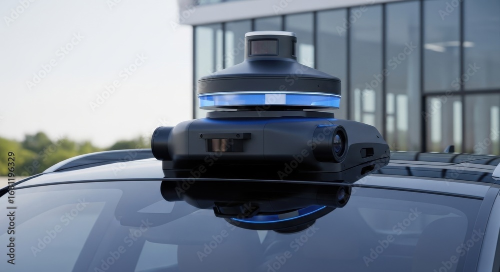 Obraz premium Autonomous Lidar Sensor Mounted on Car Roof in Urban Environment