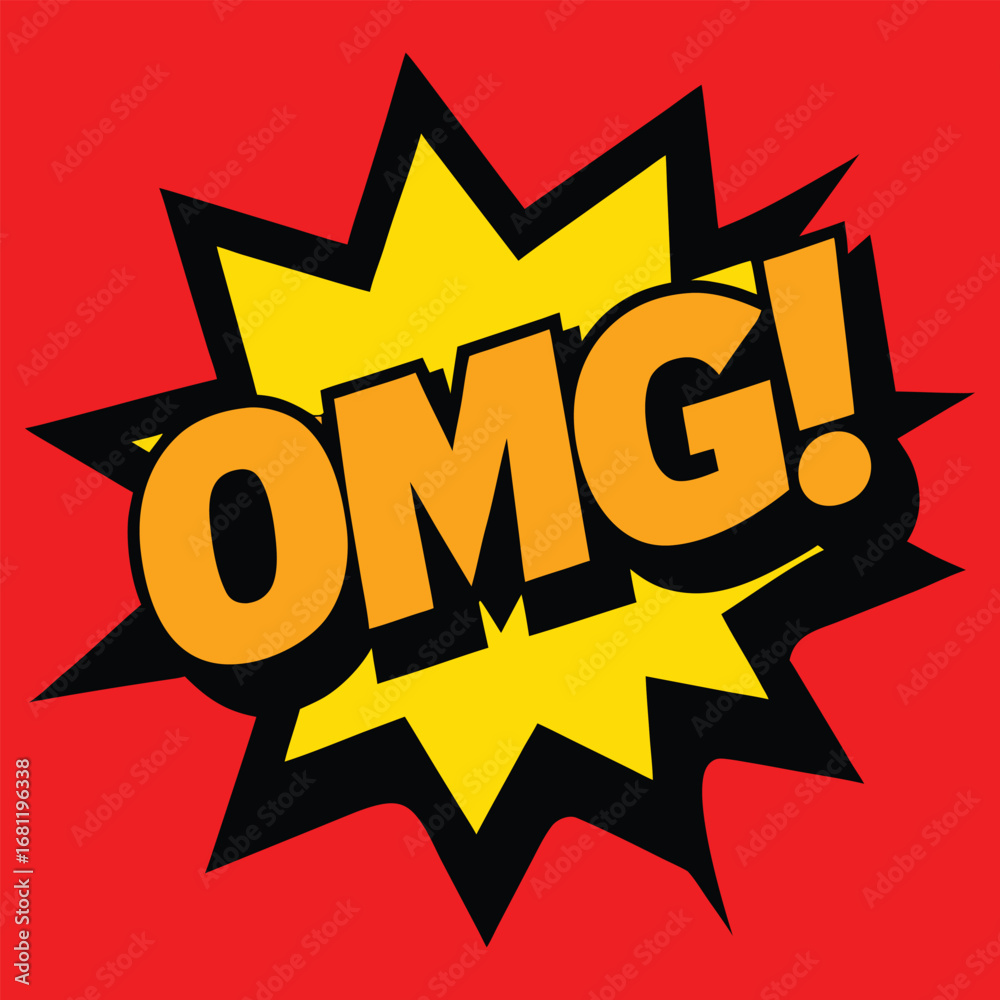 Fototapeta premium Vibrant comic book style explosion graphic featuring the popular internet slang phrase omg in bold orange lettering against a bright yellow starburst on a red background