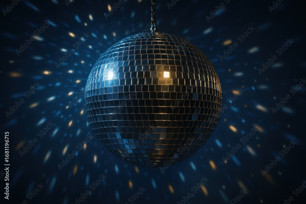 Fototapeta premium Retro disco ball with sparkling mirror facets creating dramatic light patterns and dance floor atmosphere