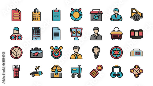 Creative Icon Set: A carefully curated collection of vector icons, representing a diverse range of concepts. Each icon is meticulously designed with vibrant colors and clear outlines.