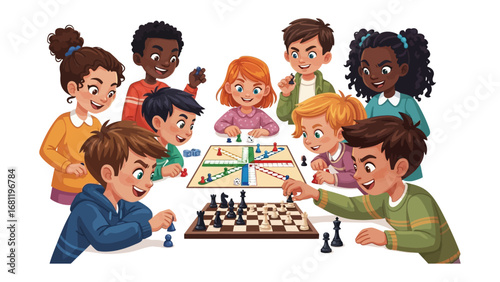 The Joy of Games: A vibrant illustration captures a circle of happy children engrossed in the thrill of board games and strategic chess, their faces glowing with excitement and anticipation.