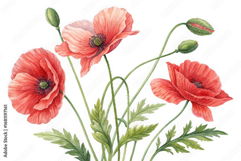 Fototapeta premium Vibrant coral poppy flowers with budding stems delicate petals and green foliage transparent background
