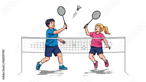 Badminton Match Illustration: A vibrant illustration captures a thrilling moment in a badminton match, featuring two players skillfully executing their shots, against a background. 